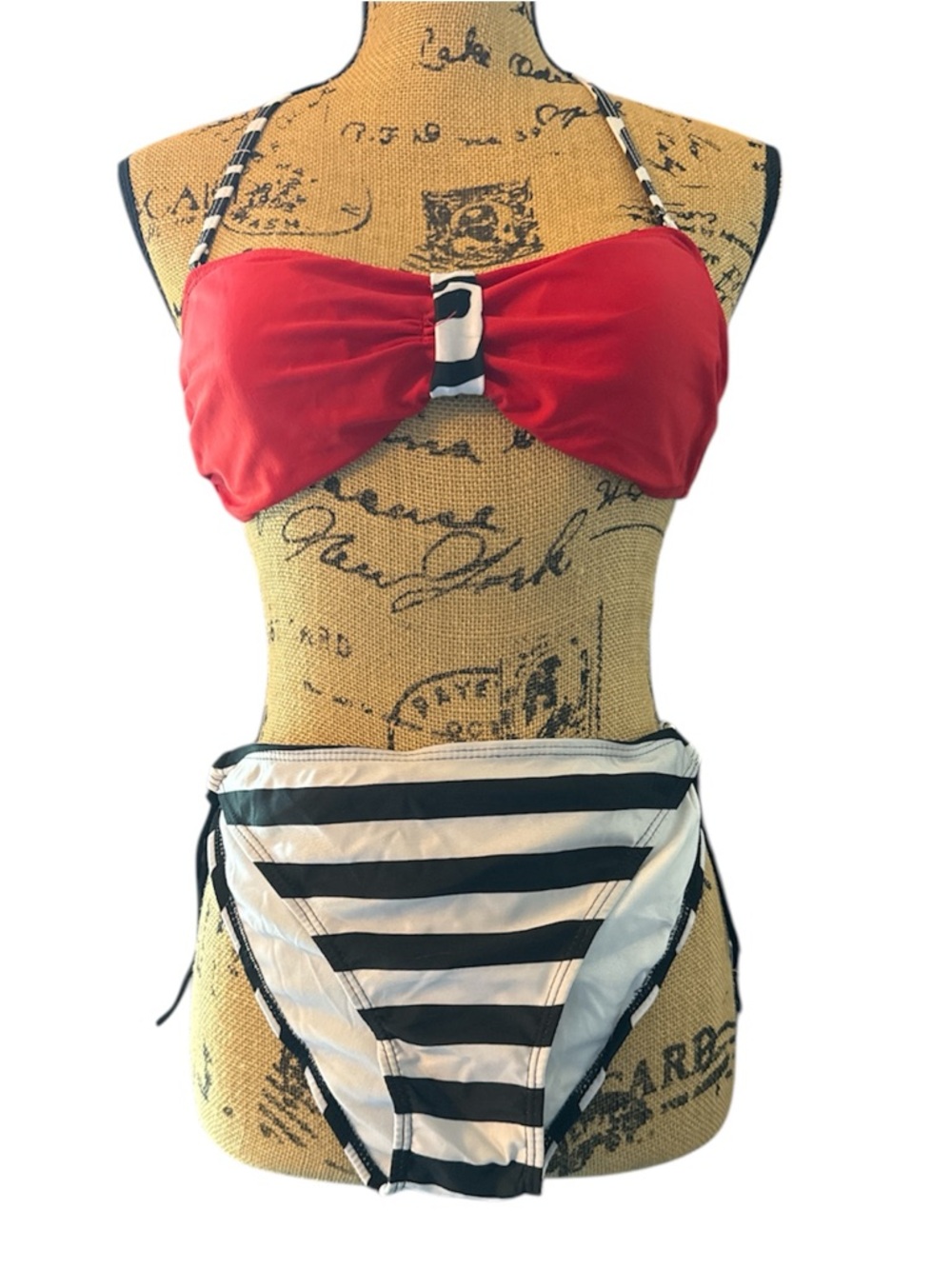 Red Bikini Top with 2 Black & White Striped High-Waist Bottoms